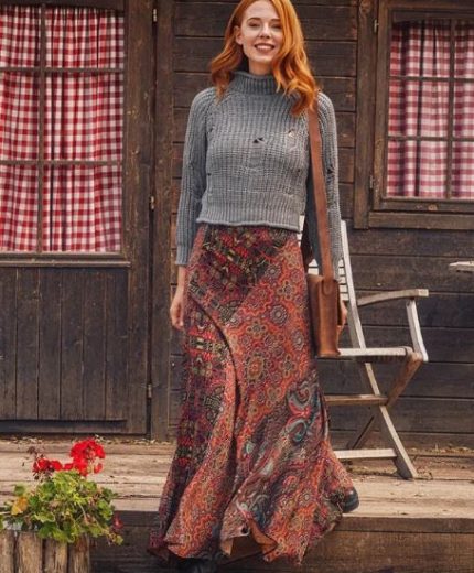 Etnik Desenli Patchwork Uzun Etek