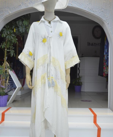 Beyaz Kimono Etnik Papatya Desenli