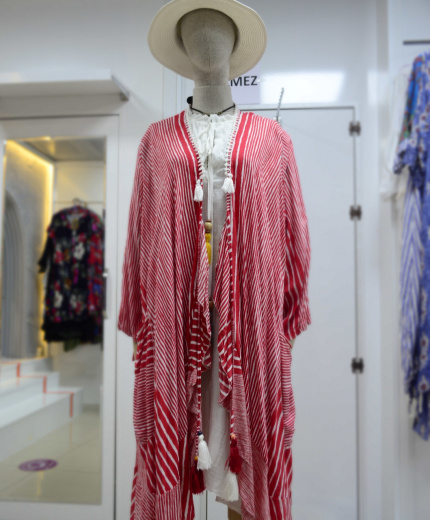 Kırmızı Beyaz Etnik Çizgili Otantik Kimono