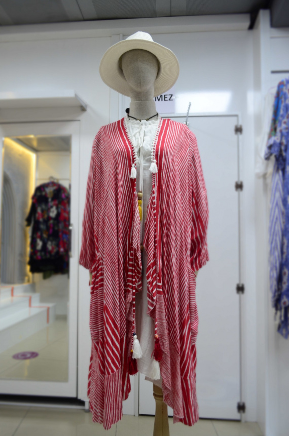 Kırmızı Beyaz Etnik Çizgili Otantik Kimono