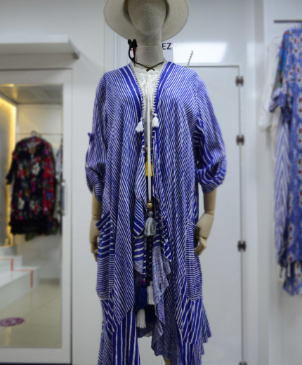 Mavi Beyaz Etnik Çizgili Bohem Tarz Otantik Kimono