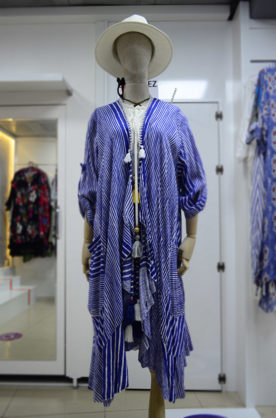 Mavi Beyaz Etnik Çizgili Bohem Tarz Otantik Kimono