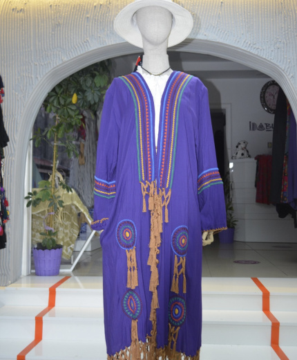 Mavi Etnik İşlemeli Otantik Bohem Tarz Kimono
