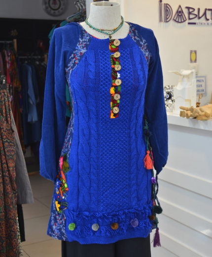 Saks etnik fitilli kadife ve örgü tunik/kazak