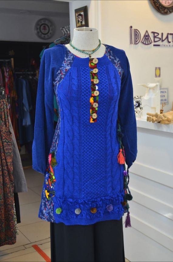 Saks etnik fitilli kadife ve örgü tunik/kazak