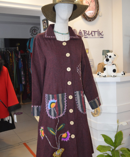 Bordo Etnik İşlemeli Tunik Ceket